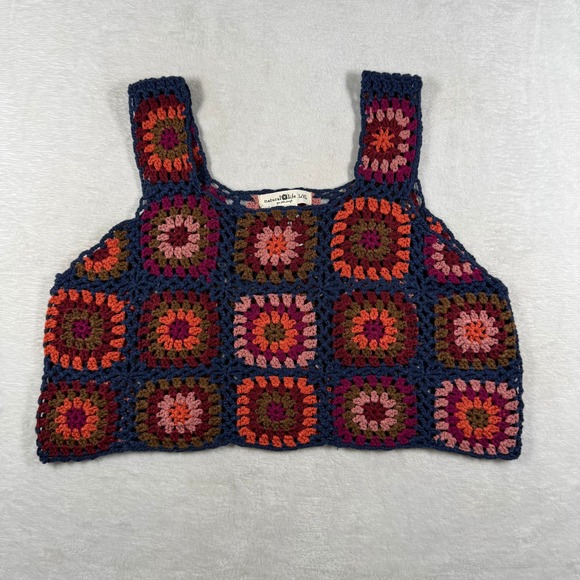 NATURAL LIFE Tops - Natural Life Granny Square Crochet Crop Tank Top Navy Blue Orange L/XL Boho 9547